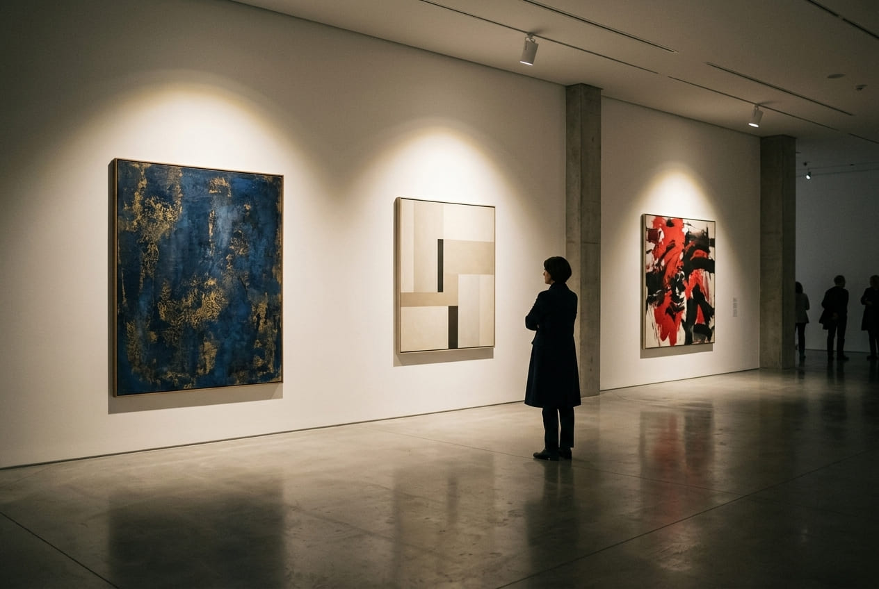 Chica observando cuadros en una galería de arte.