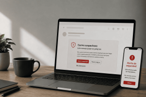 Portátil y móvil mostrando alertas de correo sospechoso y enlace fraudulento.