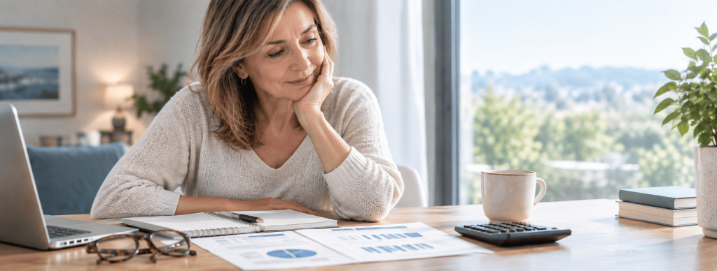 Mujer revisando gráficos financieros de cómo ahorrar en una mesa, con calculadora, cuaderno y portátil