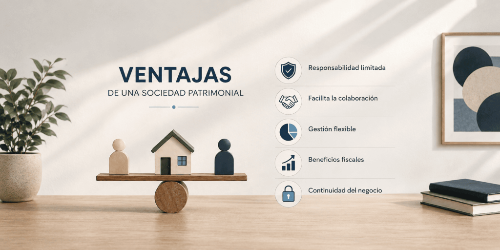 Infografía "Ventajas de una sociedad patrimonial" con figuras equilibrando una casa en un balancín y un listado de beneficios.