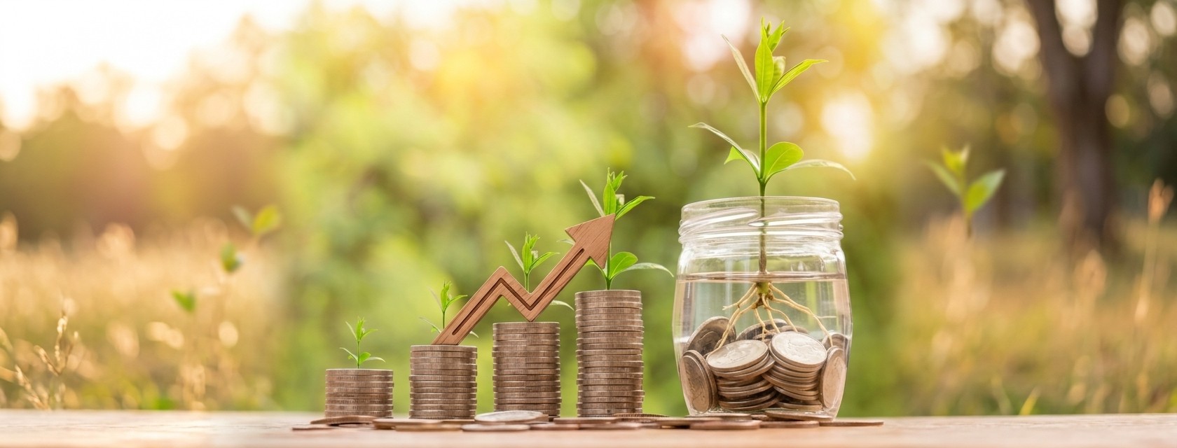 Pilas de monedas con plantas creciendo y una flecha ascendente, simbolizando el crecimiento del ahorro e inversión