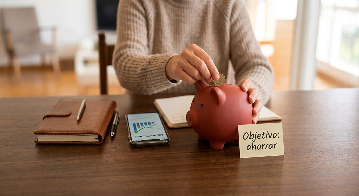 Persona introduciendo una moneda en una hucha junto a un móvil con gráfico de inversiones sobre una mesa de madera.