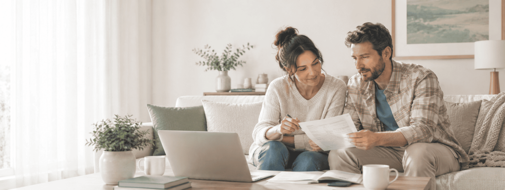 Pareja revisando en el sofá de su casa los gastos de la hipoteca.